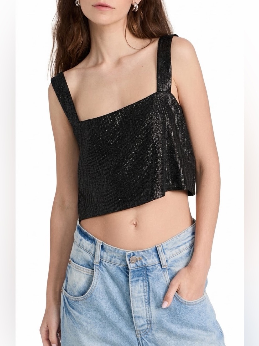 NWT IRO Paris Espal Tank Sequin Square Neck Crop Top Black Sparkle Sz 42